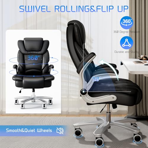Big and Tall Office Chair 400lb Wide Seat High Back Leather Executive with Flip-up Arms P130