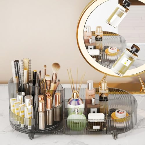 Rotating Makeup Organizer for Vanity with Brush Holder and Drawer, White S3148