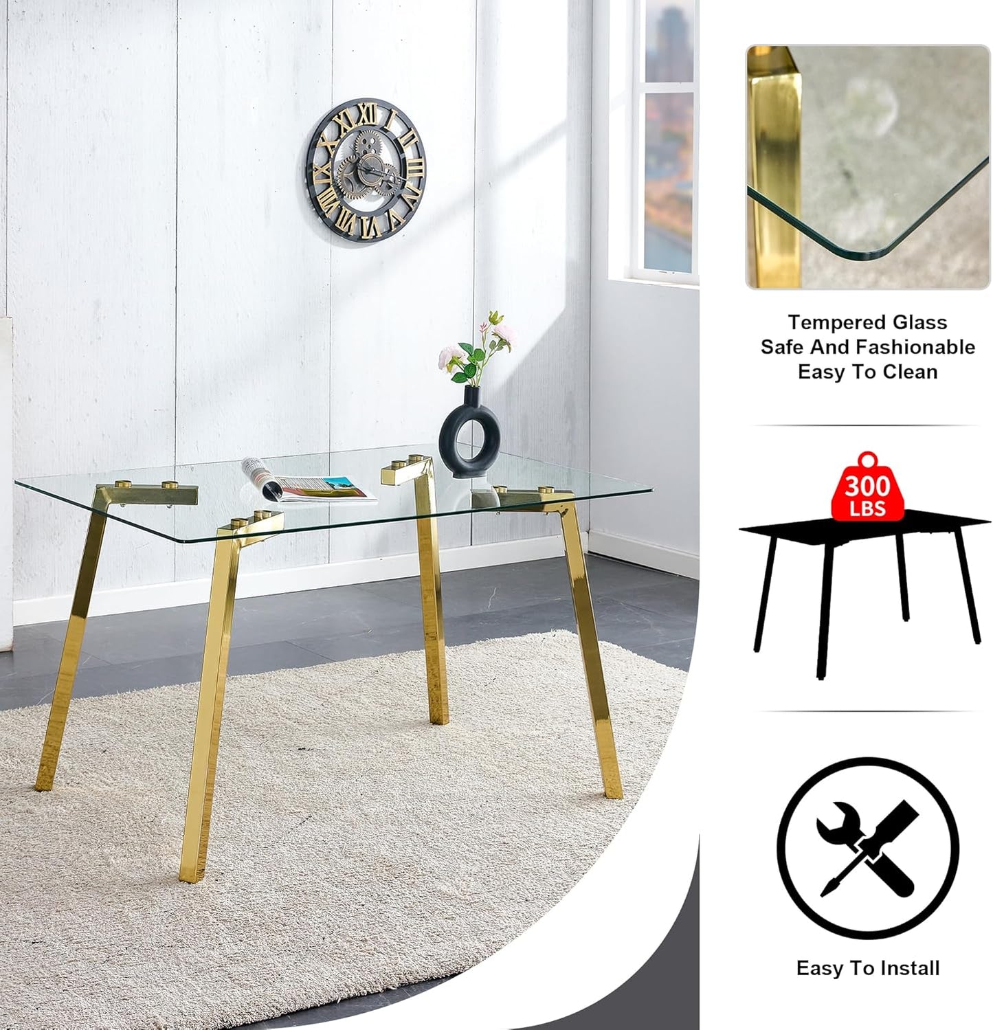 Gold Glass Dining Table Set for 6, 51'' Modern Rectangle D9010
