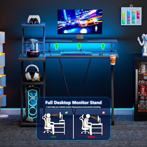 L Shaped Gaming Desk with LED Lights & Power Outlet, 47 Inch, Carbon Fiber Black E79671