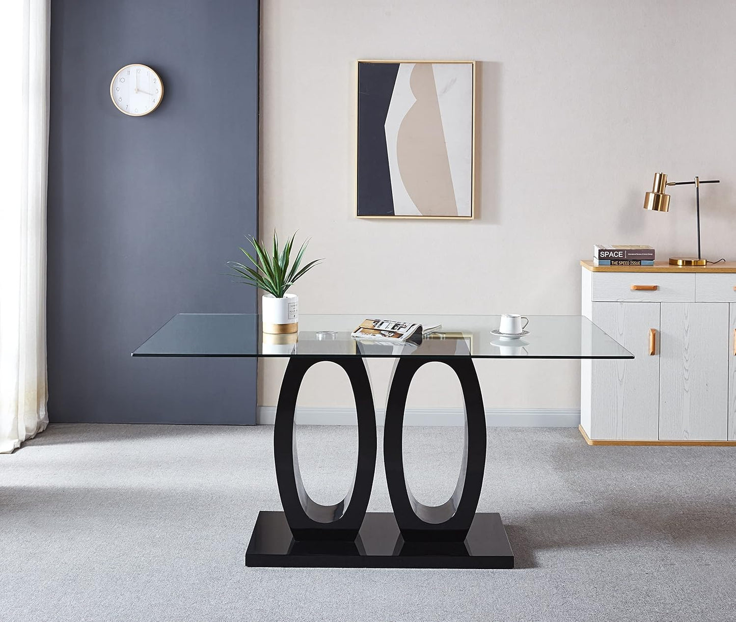 Rectangular Tempered Glass Dining Table with Double O-Shape Pedestal for 6 P15165