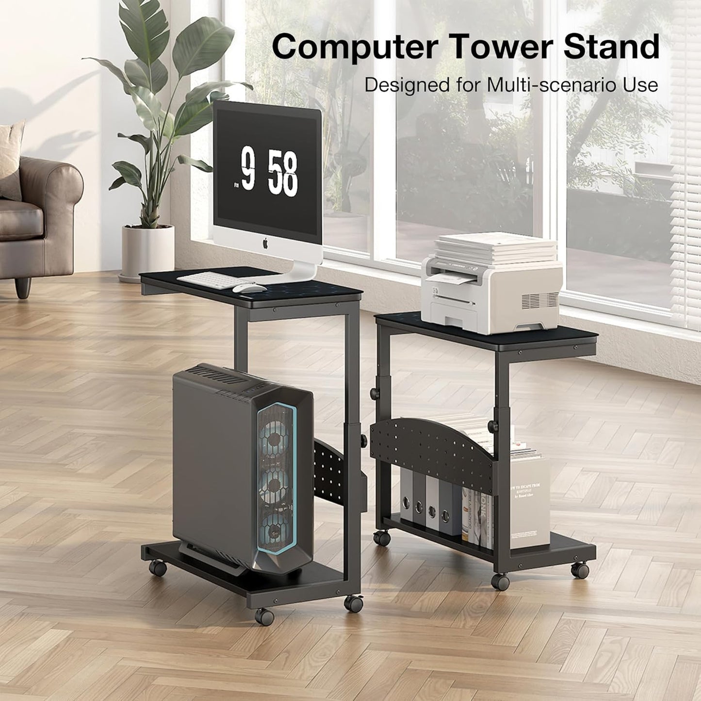 Height Adjustable 2-Tier PC Tower Stand with Rolling Wheels K430074