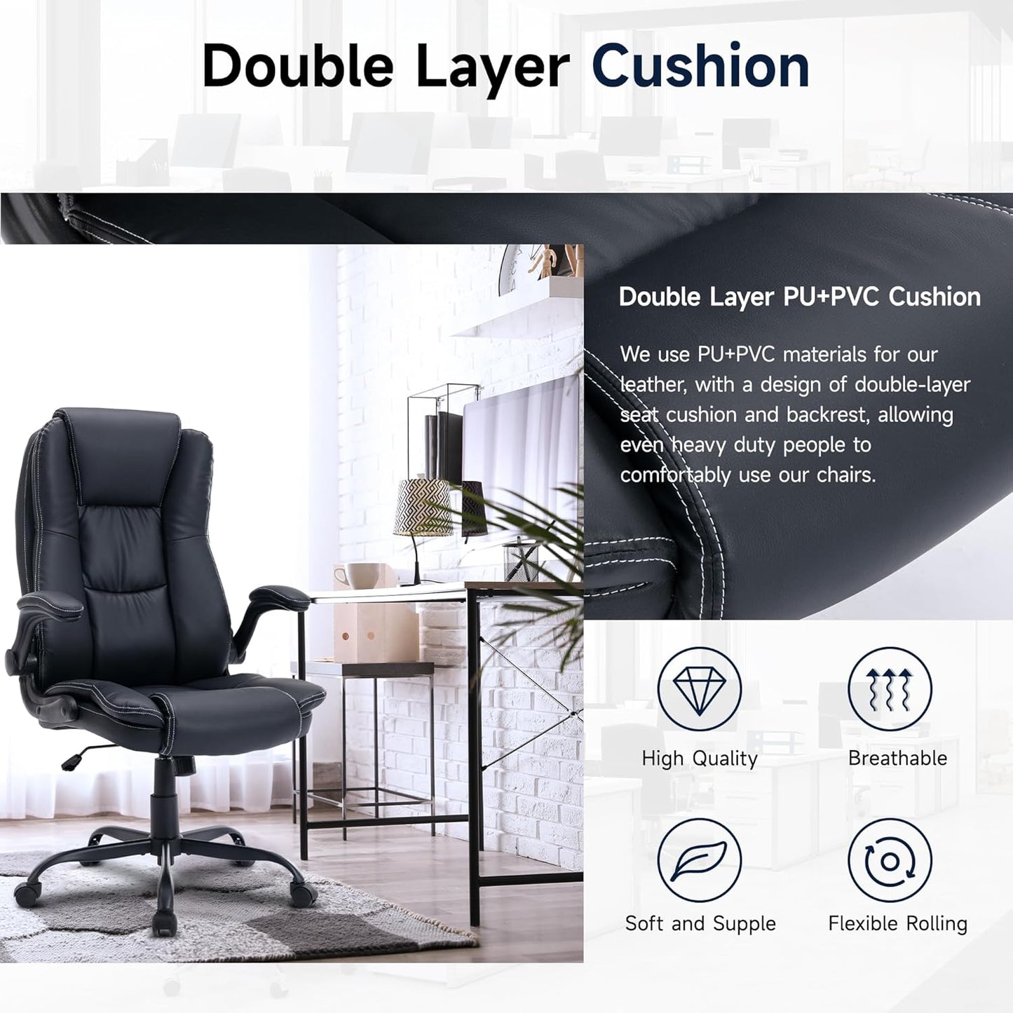 Big and Tall Office Chair with Flip-up Armrest, PU Leather, Black J193736