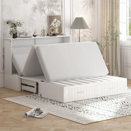 BALUS 64" W Murphy Bed Cabinet Queen with Mattress, Stone Grey I6760