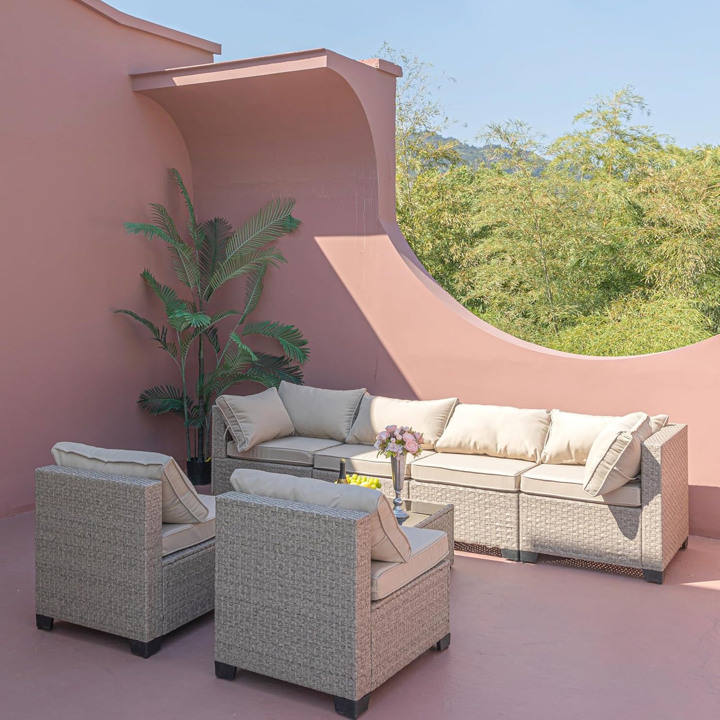 7-Piece Patio Furniture Sectional Sofa with Water Resistant Cushions, Beige R787