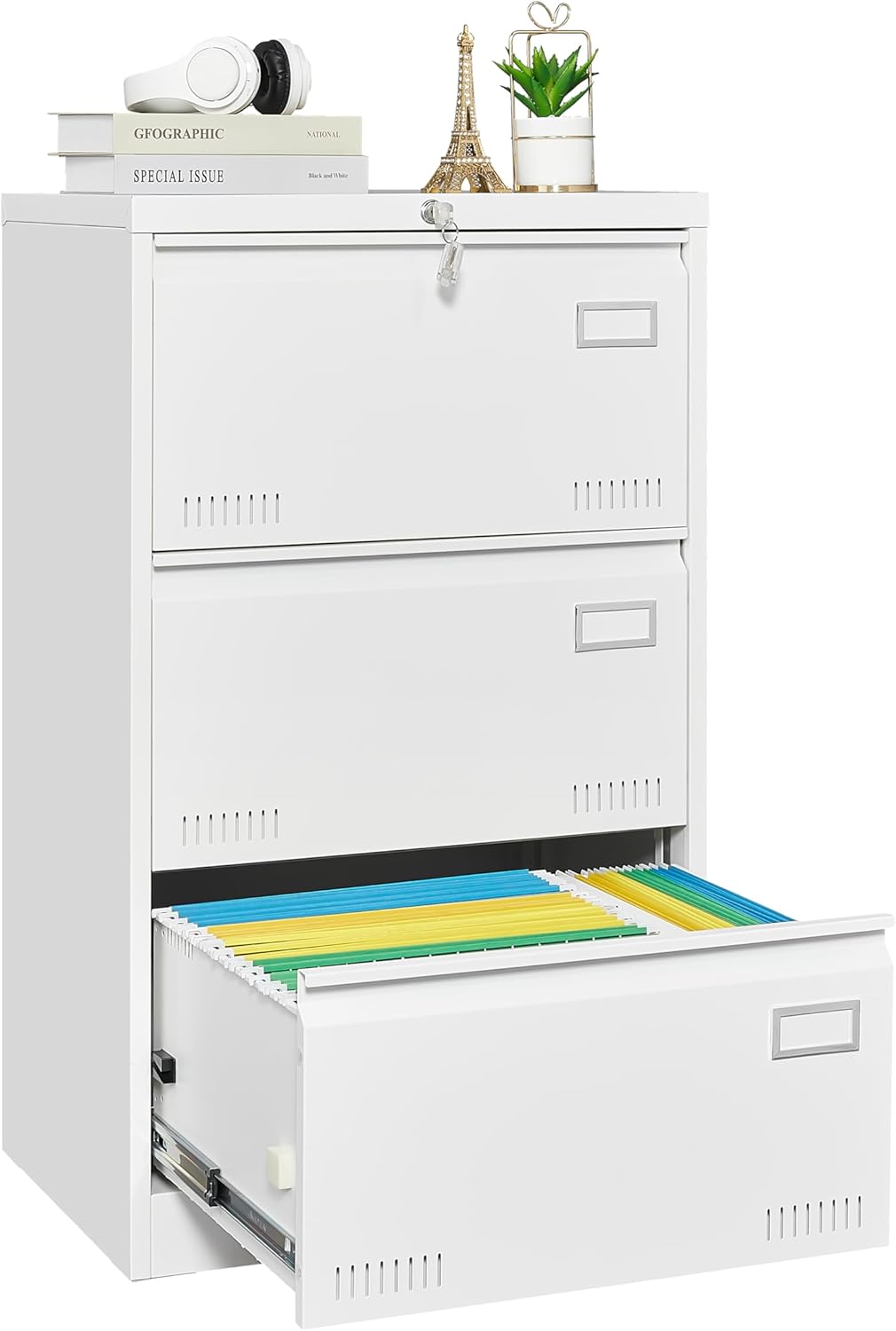 Locking 3-Drawer Metal Lateral File Cabinet, White Y445167