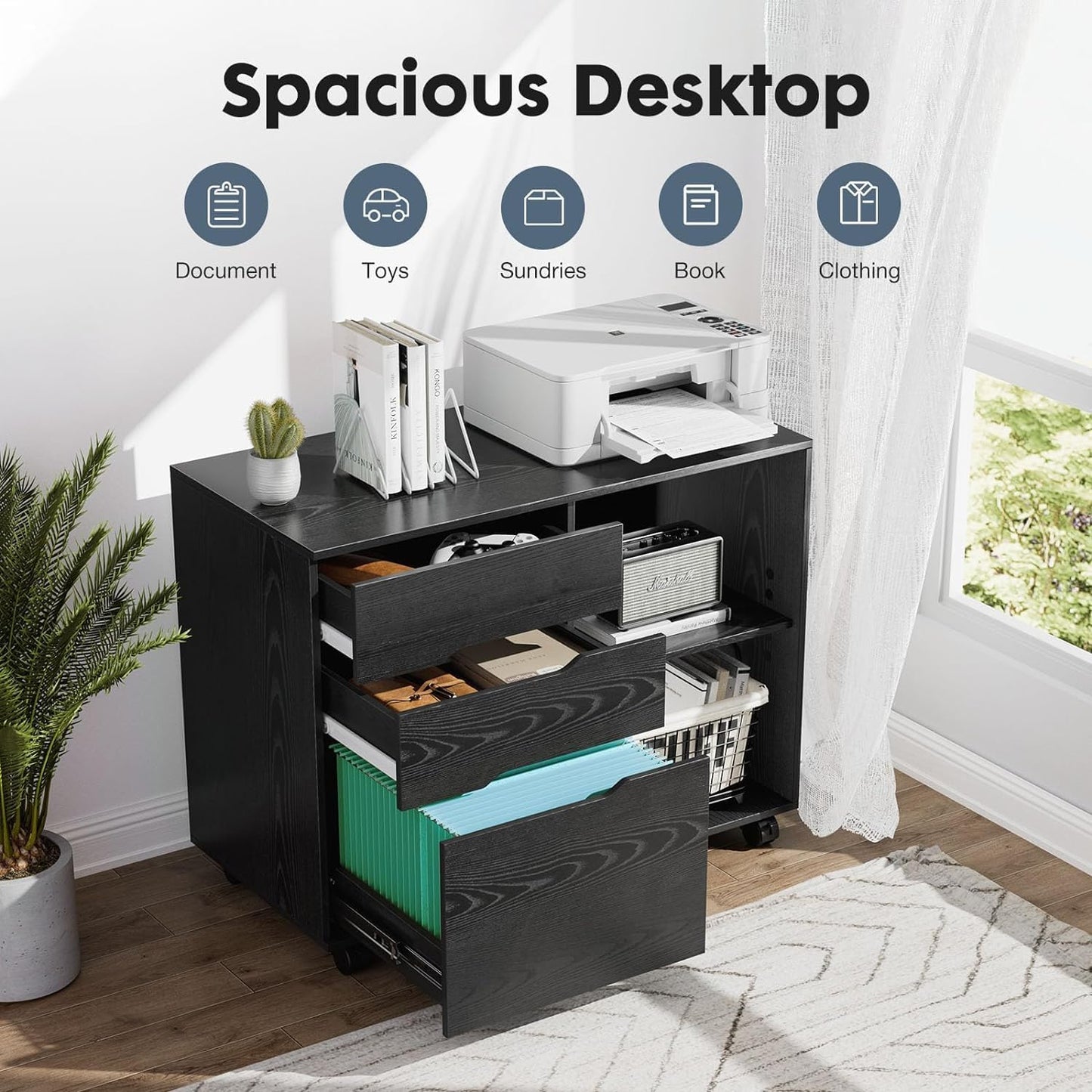 Lateral File Cabinet with 3 Drawers, Rolling Wooden Storage, Black Z6378