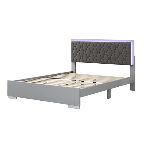 Queen Wood Upholstered Bed with LED Lights, 4-Piece Bedroom Set (Grey) A7583