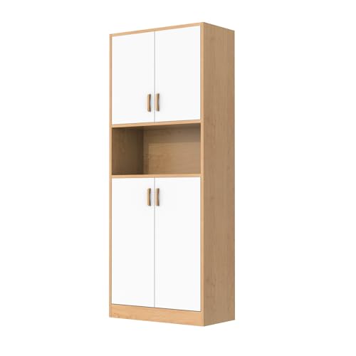 Oak and White Kitchen Pantry Cabinet, 70" Tall Kitchen Storage Cabinet with doors, Freestanding Wooden Storage Cabinet for Kitchen, Dining Room