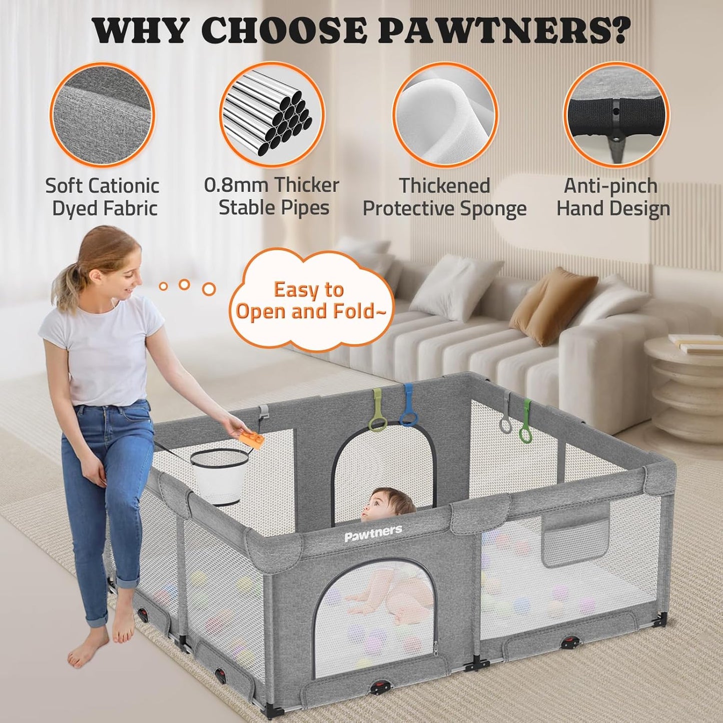 Foldable Playpen for Babies and Toddlers with Ocean Ball and Handles A191830