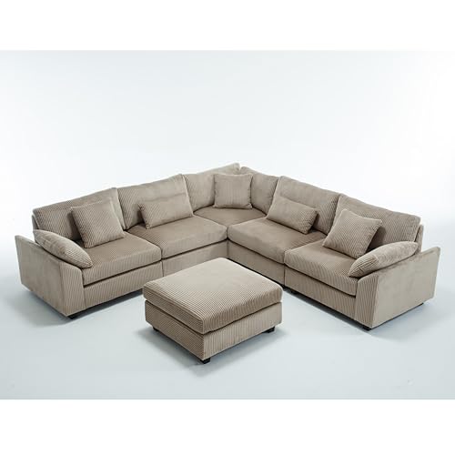 Oversized Corner Modular Sectional Sofa Set, L-Shaped Couch with Ottoman and 7 Pillows, Corduroy Fabric, Beige O4177