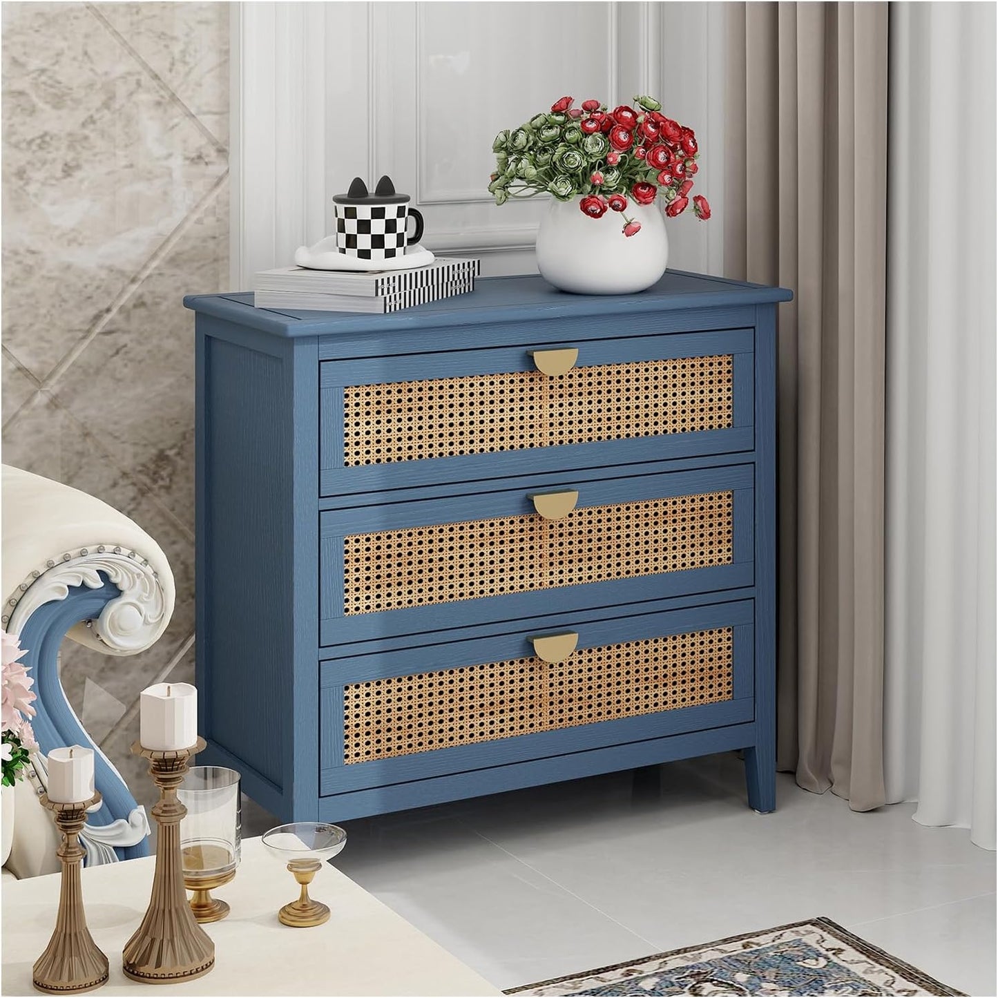 3 Drawer Cabinet Storage Cabinet Coffee Bar Cabinet Accent Cabinet Sideboard Kitchen Cabinet,Natural Rattan,American Furniture,Suitable for Bedroom, Living Room, Study (blue)
