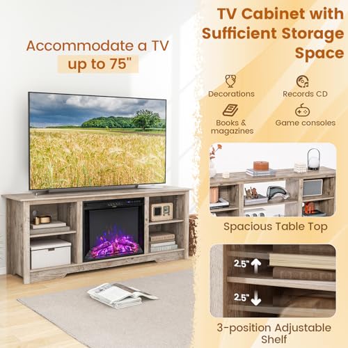 COSTWAY Electric Fireplace TV Stand for TVs up to 75 Inches, 1500W Heater, Black B106