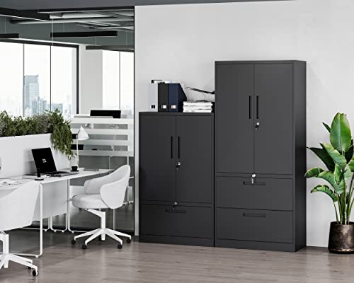 Letaya Metal Storage Cabinet with Lock, 2 Drawers, Adjustable Shelves, Black N4147