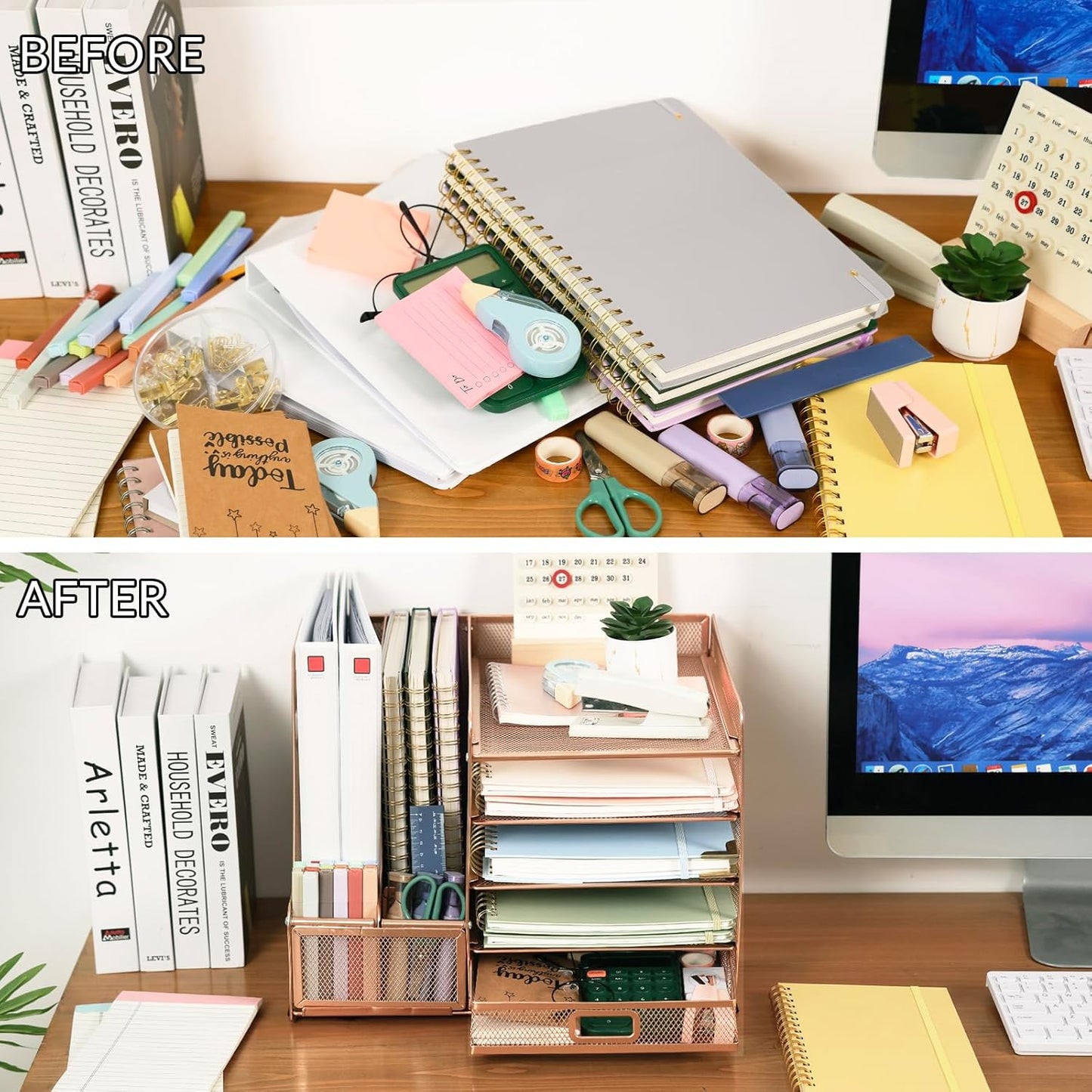 EOOUT Rose Gold Office Supplies Desk Combo Set with Acrylic Stapler and Mesh Organizer S946