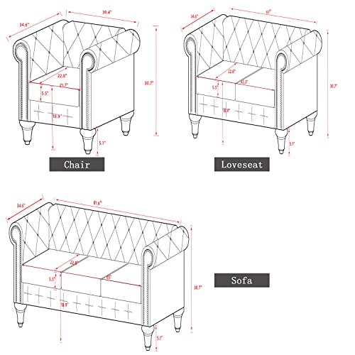 Chesterfield Sofa with Nail-Head Trim, Modern Fabric Accent Chair E8175