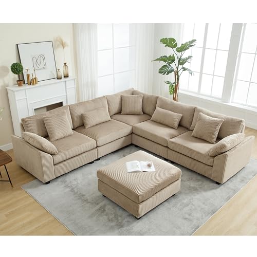 Oversized Corner Modular Sectional Sofa Set, L-Shaped Couch with Ottoman and 7 Pillows, Corduroy Fabric, Beige O4177