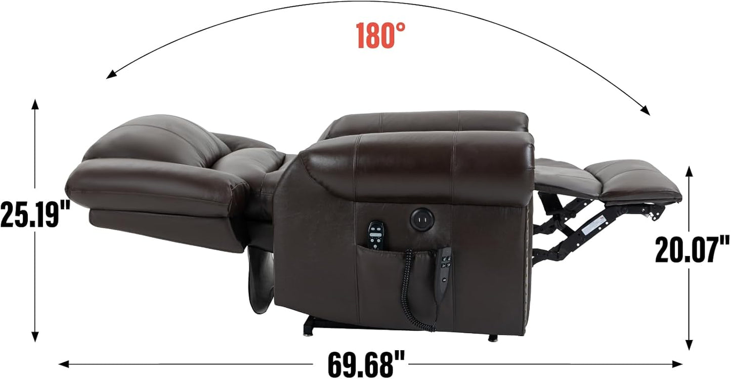 Power Lift Recliner Chair Heat Massage Dual Motor Genuine Leather Brown I78920