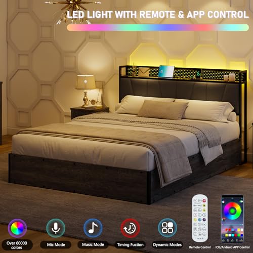 Full Size Lift Up Storage Bed Frame with LED Lights and Charging Station, Black D6950