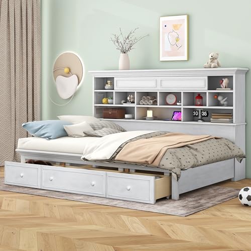 LZ LEISURE ZONE Twin Size Daybed Wood Daybed Frame with Multi-Storage Shelves, Charging Station and 3 Drawers, Antique White