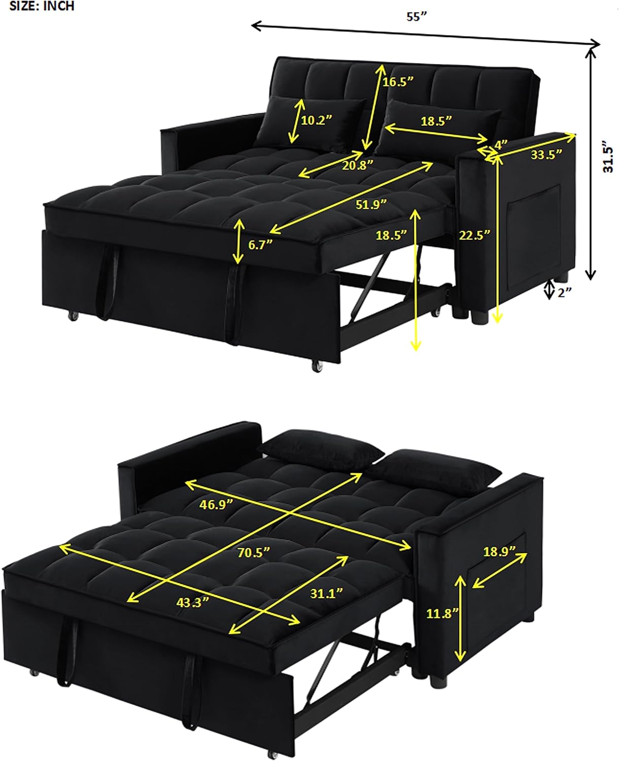 3 in 1 Convertible Sleeper Sofa Couch with Pull Out Bed, Small Futon Loveseat Y341000