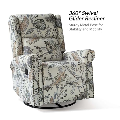 HULALA HOME Printed Fabric Manual Swivel Glider Recliner Chair, Set of 2, Black Floral W4662