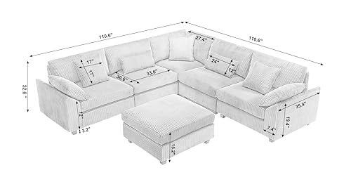 Oversized Corner Modular Sectional Sofa Set, L-Shaped Couch with Ottoman and 7 Pillows, Corduroy Fabric, Beige O4177