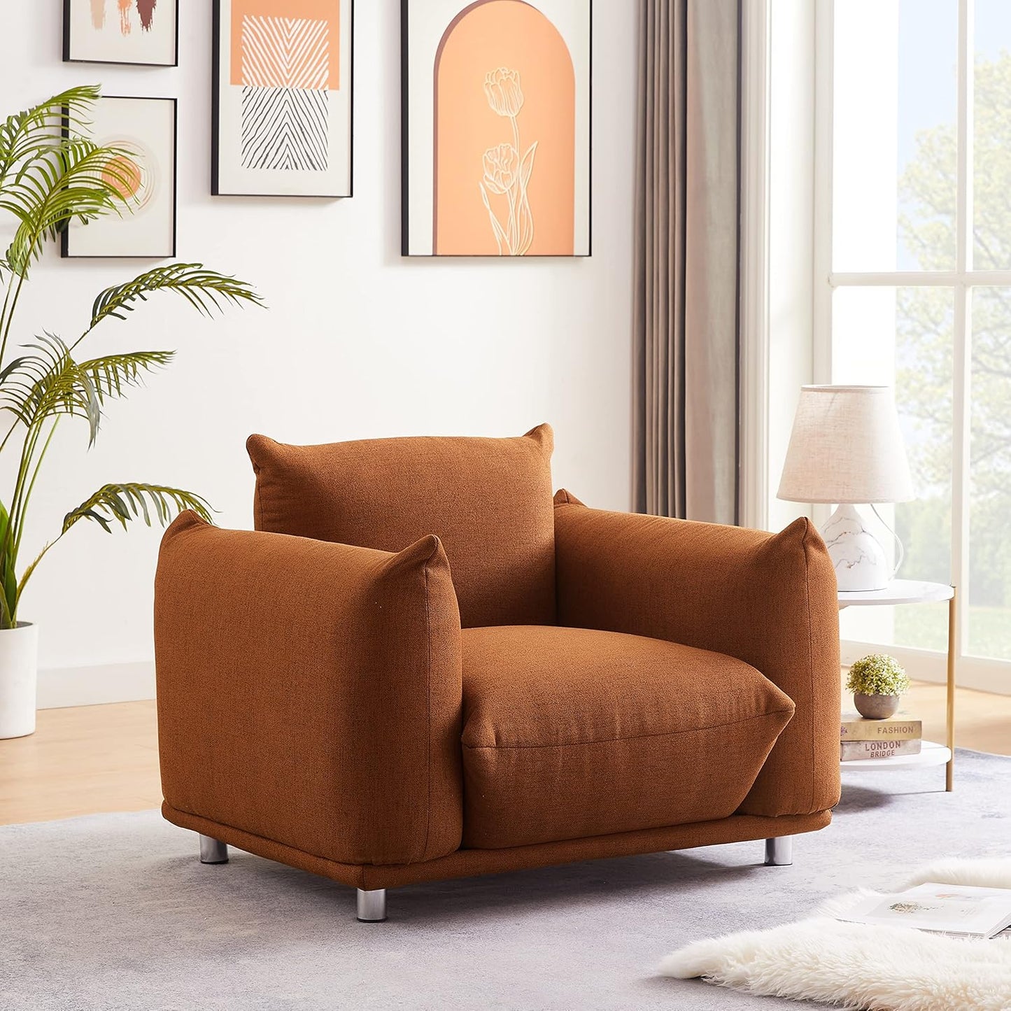 Accent Chair Cotton Linen Single Sofa 42" W Accent Chair for Bedroom Living Room Apartment, Rust Red