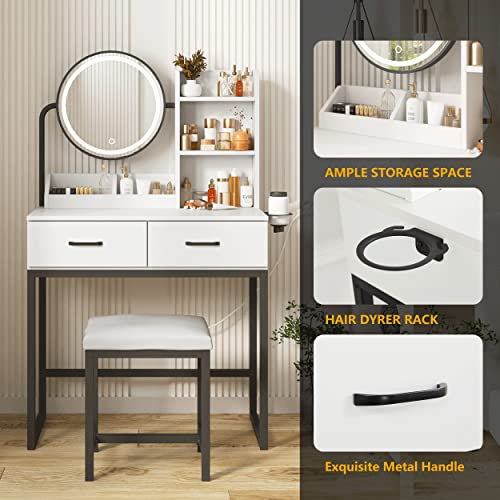 Makeup Vanity Desk with Round Mirror and Lights, White, with Storage D5614