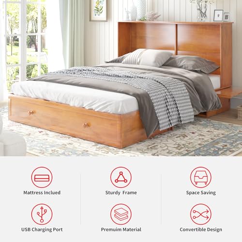 MUZZ Queen Murphy Bed with Charging Station, Foldable Foam Mattress, Cherry R606729