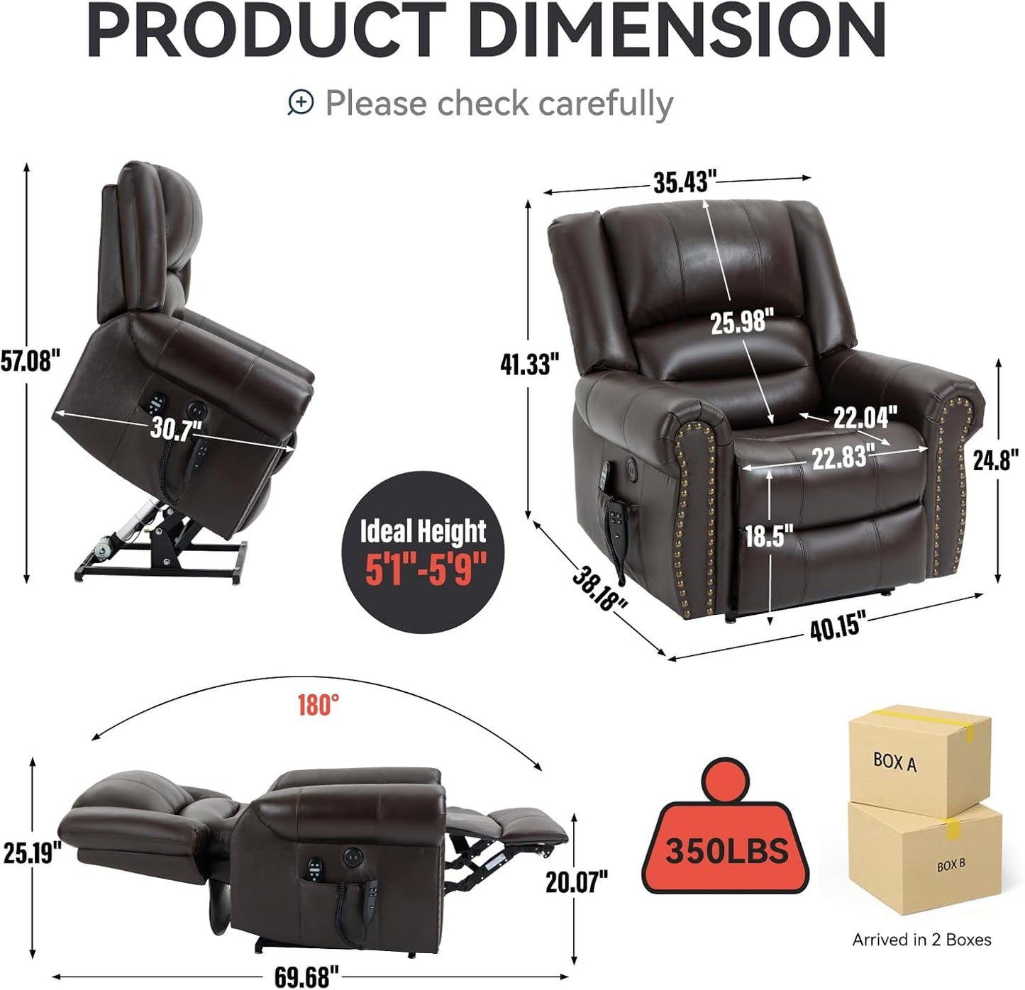 Power Lift Recliner Chair Heat Massage Dual Motor Genuine Leather Brown I78920