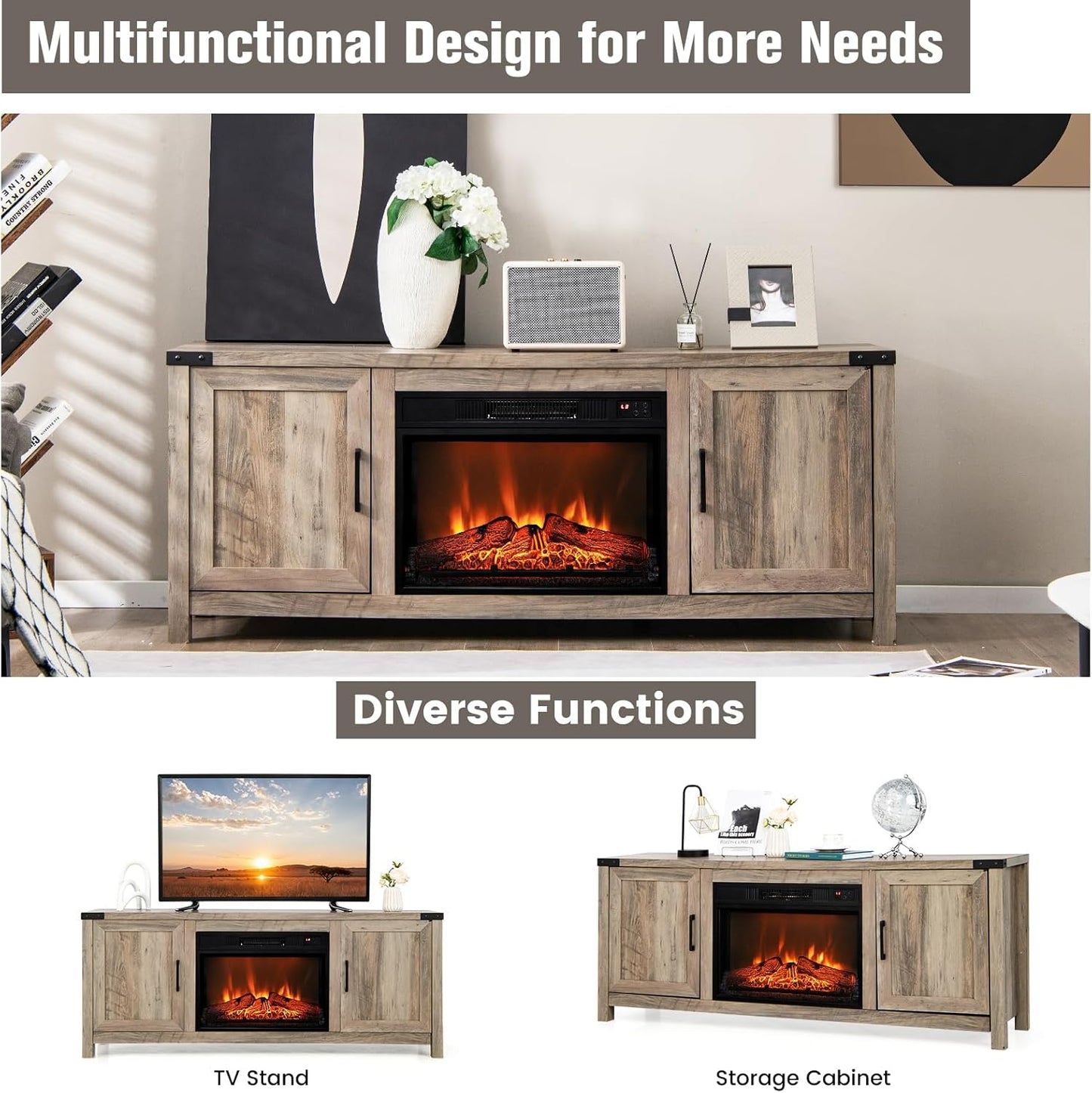 COSTWAY Electric Fireplace TV Stand for TVs up to 70 Inches, Farmhouse Media Center with Storage W3192