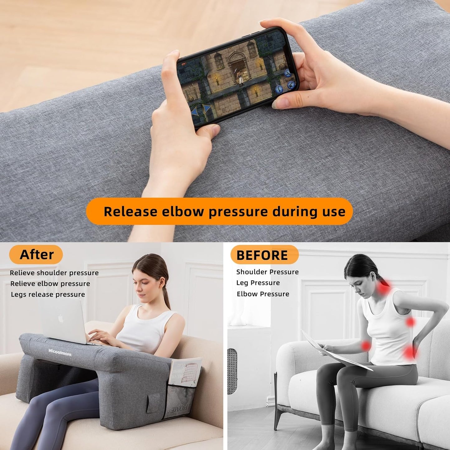 Inflatable Reading Pillow with Arm Rest for Bed Gaming S102170