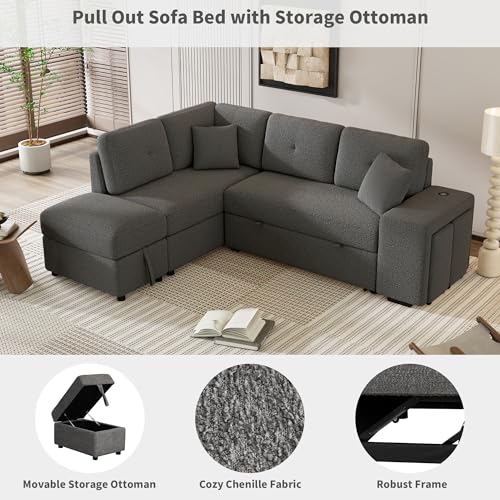 DEINPPA Sleeper Sofa with Storage Ottoman and 2 Stools, Chenille Fabric, Cream H631676