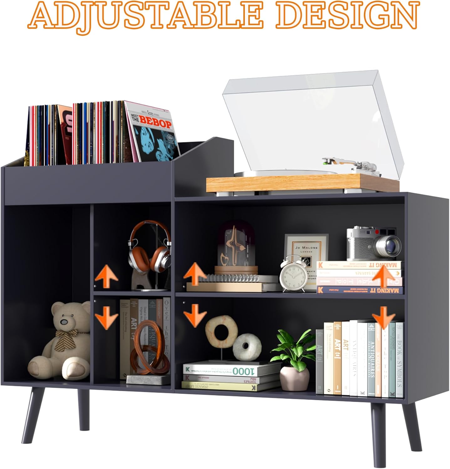 Record Player Stand with Vinyl Record Storage, Black S8124