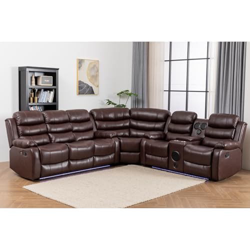 Manual Reclining Sectional Couch with LED Light, PU Leather L-Shaped Sofa, 9 Seater G569811