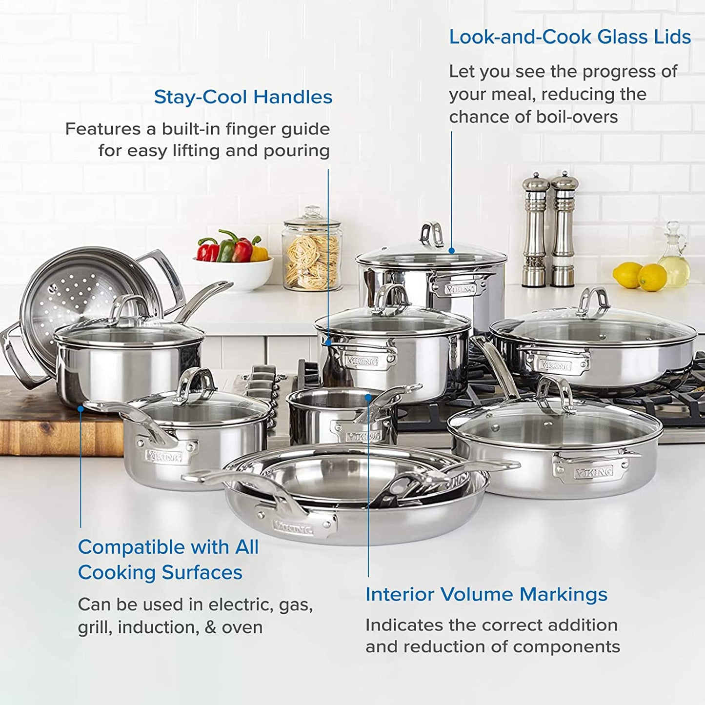 Viking 3-Ply 17pc Stainless Steel Cookware Set with Glass Lids N19288