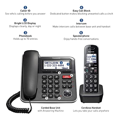 Panasonic Expandable Corded/Cordless Phone System with Answering Machine – 2 Handsets, KX-TGB852B (Black) T249