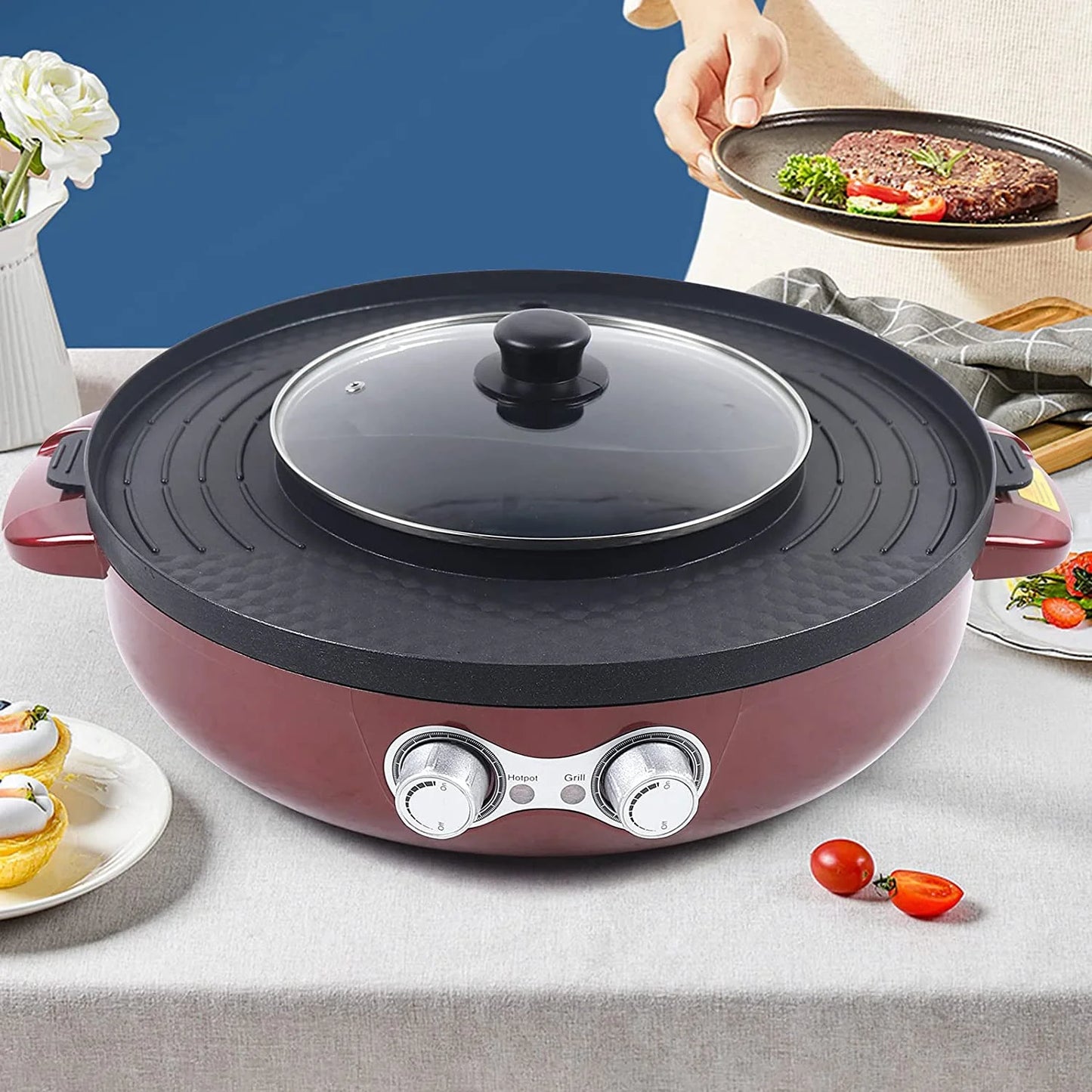 Miumaeov 2 in 1 Electric Smokeless BBQ Grill and Hot Pot, Dual Temperature Control, 3.6L P2308