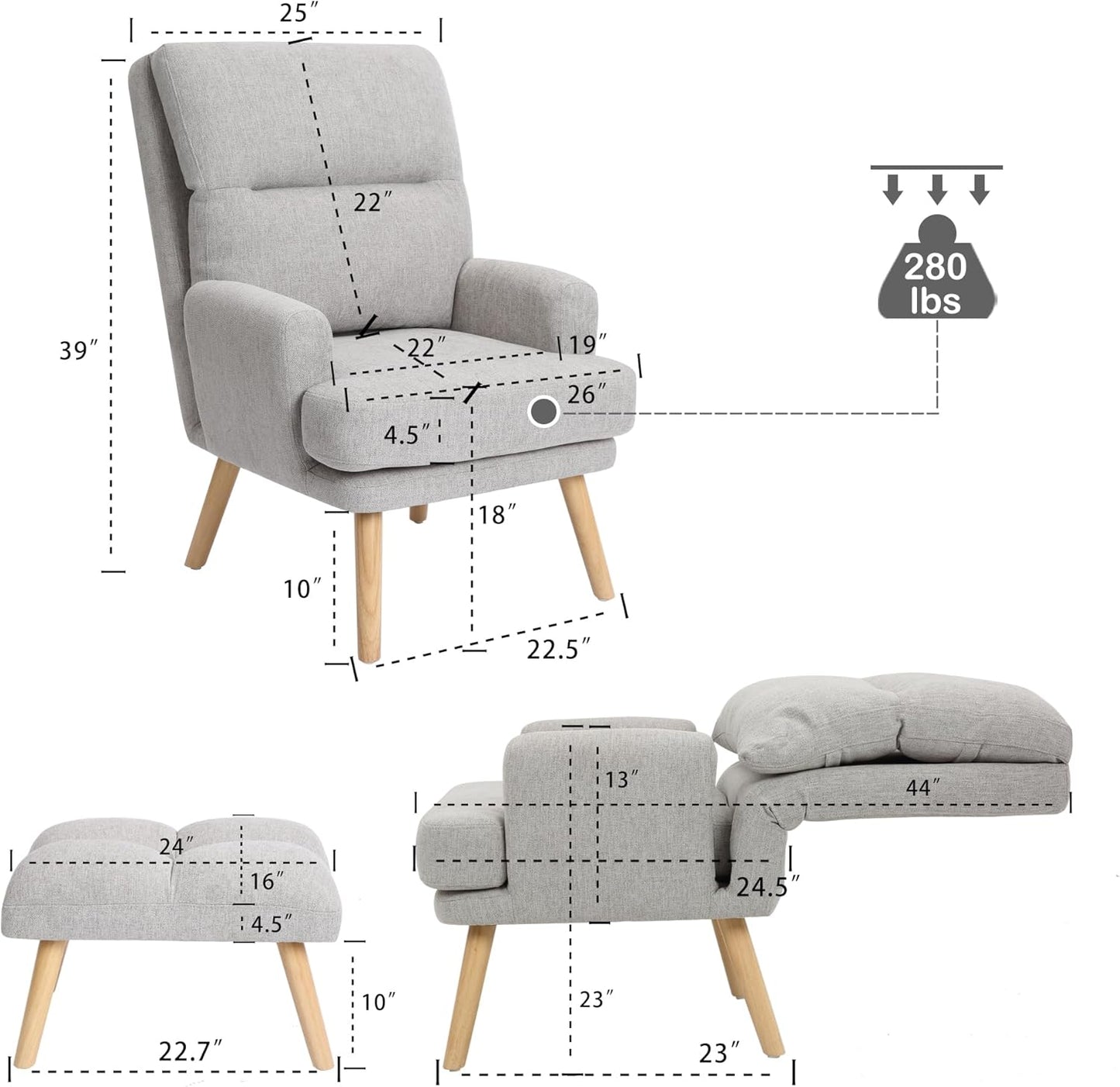 ComfyCozy Decorative Chair Set with Footstool, Adjustable Backrest, Wooden Legs A252