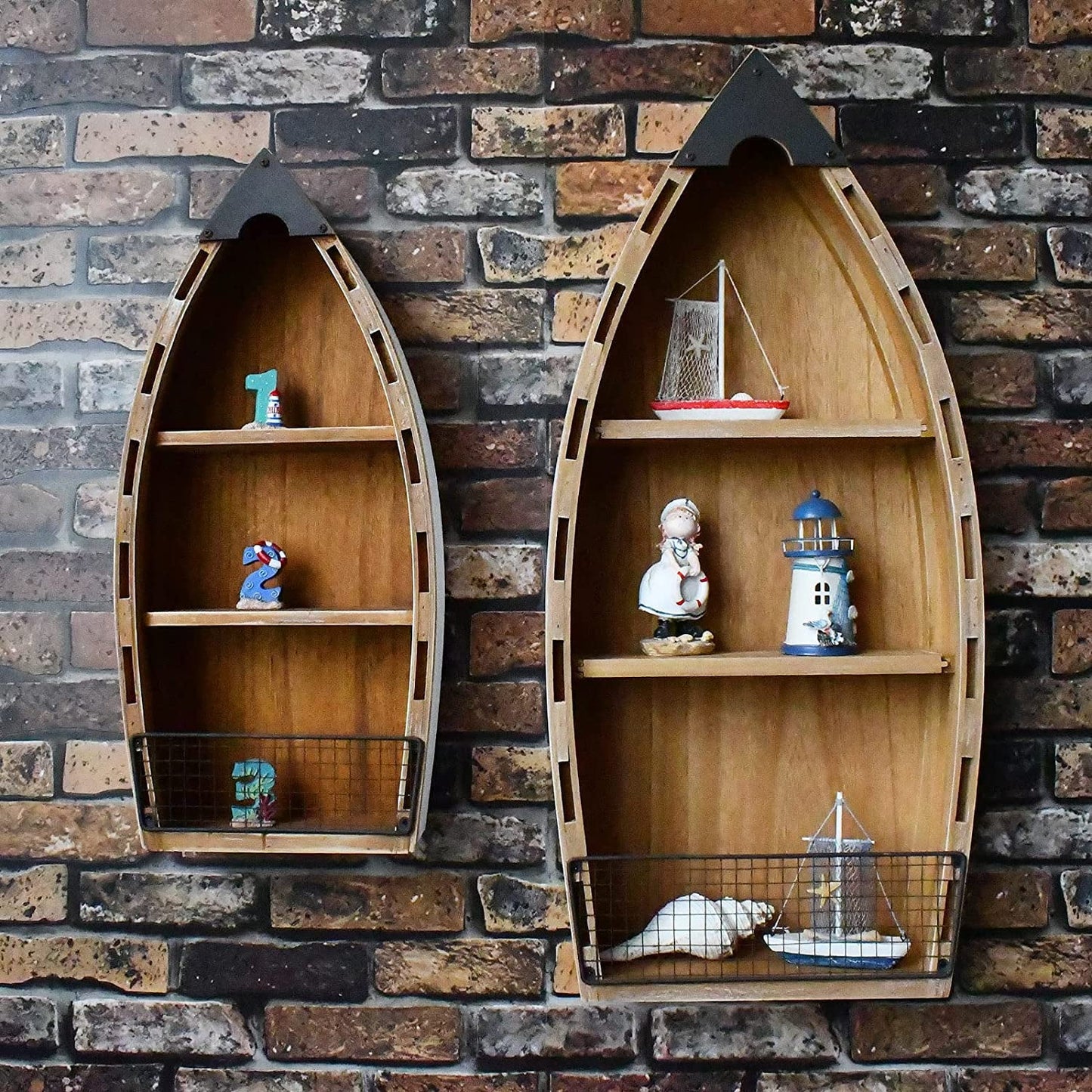 Wooden Boat Decor Hanging Shelf with 3 Tiers for Wall, Rustic Nautical Beach Theme Q5944