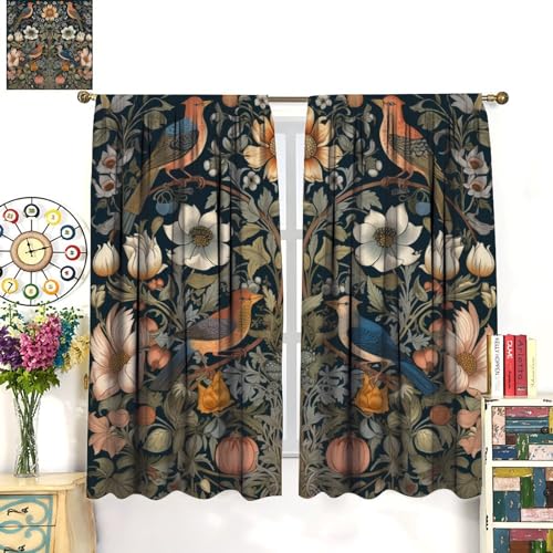 William Morris Style Blackout Curtains with Floral Bird Print Y107