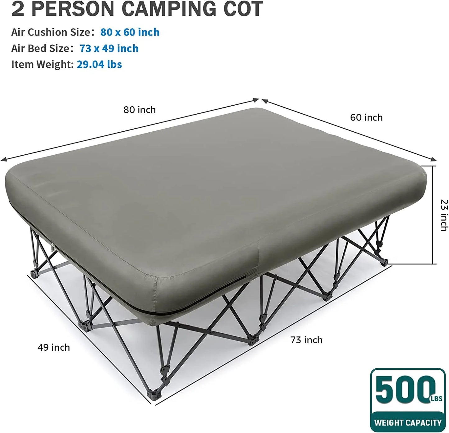 QCAI 2 Person Camping Cot with Inflatable Air Mattress and Carry Bag N7177
