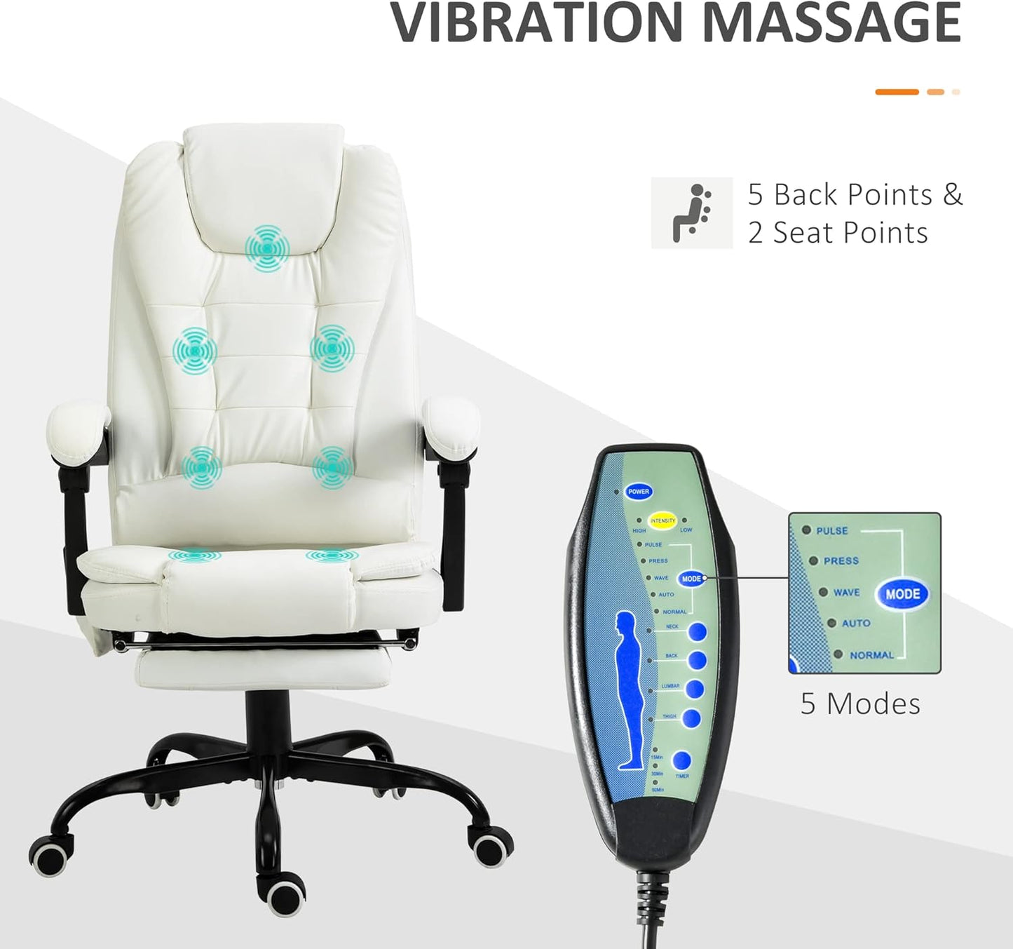 Reclining Office Chair with Massage, Ergonomic PU Leather Executive Chair with Foot Rest, White T4590