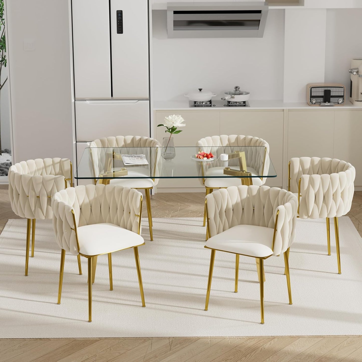 Gold Glass Dining Table Set for 6, 51'' Modern Rectangle D9010