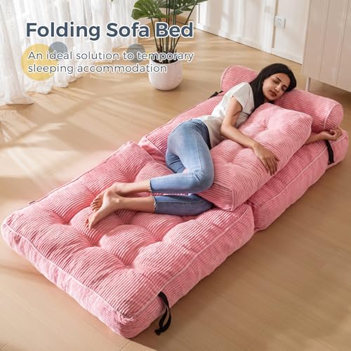 MAXYOYO Folding Sofa Bed, Convertible Sleeper Chair with Pillow, Pink R43426