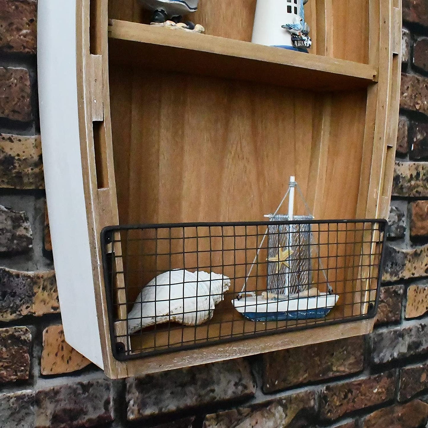 Wooden Boat Decor Hanging Shelf with 3 Tiers for Wall, Rustic Nautical Beach Theme Q5944