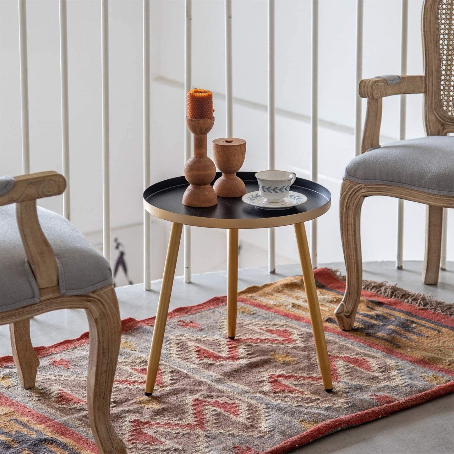AOJEZOR End Tables Set of 2, Metal Round Side Table, Black/Grey and Gold Q855