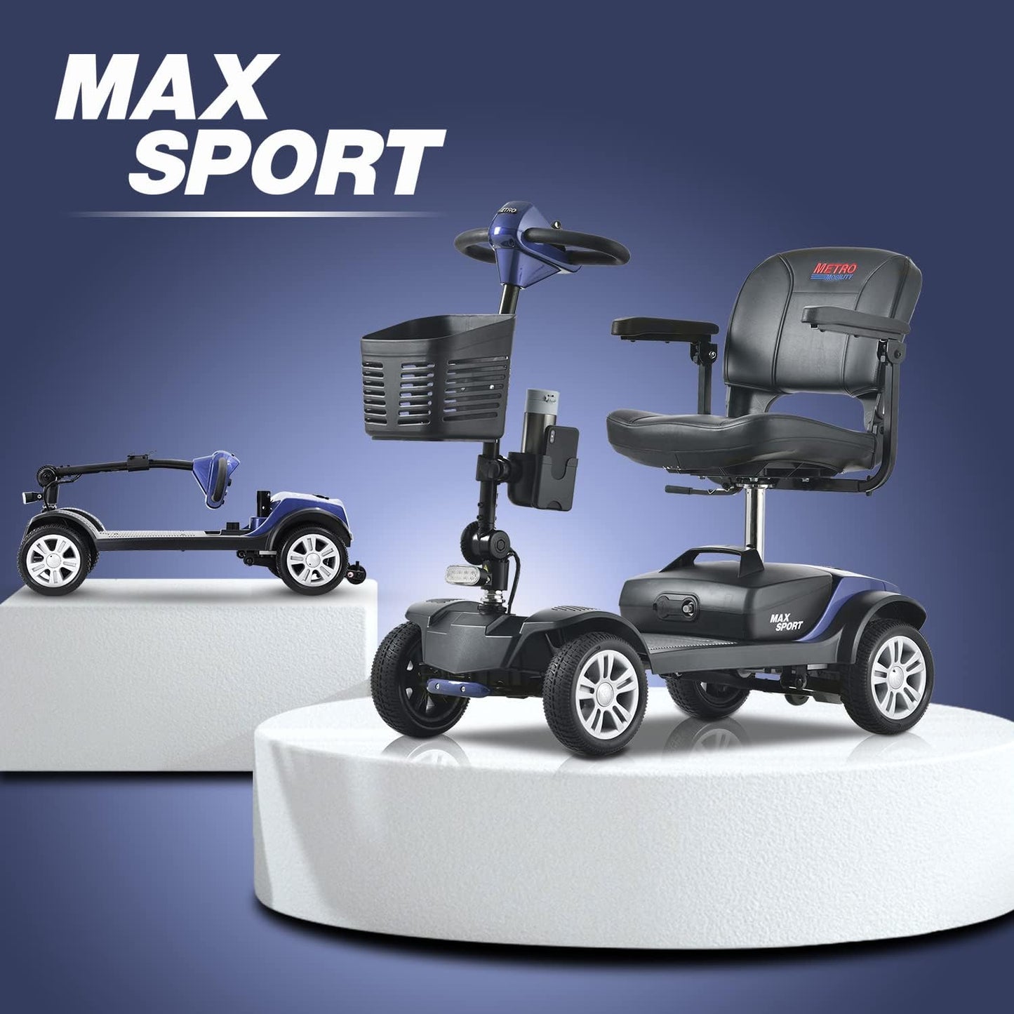 Metro Mobility Scooters Electric Mobility Scooter for Adults and Seniors, 300 lbs, Long Range Battery with Charger and Basket, Max Sport Blue F76748