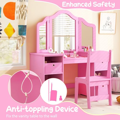 Costzon Kids Vanity 2-in-1 Princess Makeup Desk with Tri-fold Mirror, White Z72187